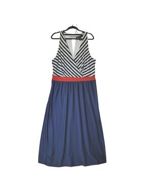 Ashley Stewart Sleeveless Maxi Dress Womens Sz 18/20 V-Neck Navy Red & White